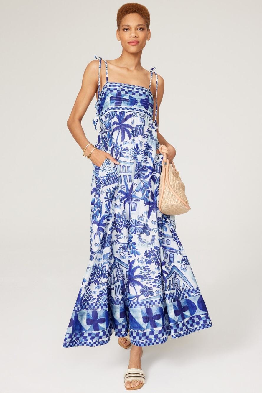 Farm Rio Sweet Blue White Tropical Coastal Beach Print Resort Vacation Dress L